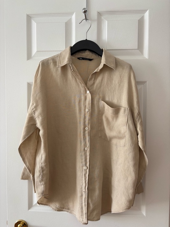 Zara Tops - Zara Beige Oversized Linen Collared Button Shirt